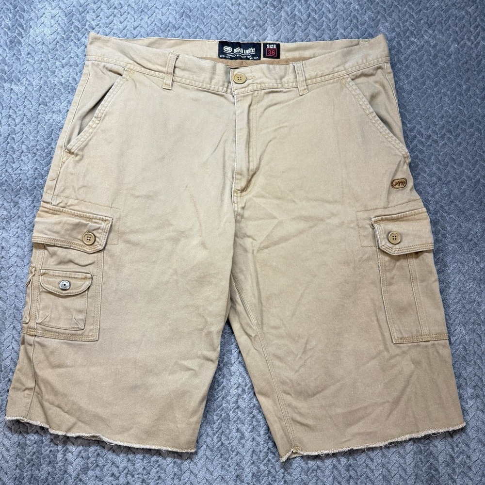 Ecko Unltd Cargo Shorts Men 36 Khaki Tan Cutoff Raw Hem Utility Y2K Streetwear